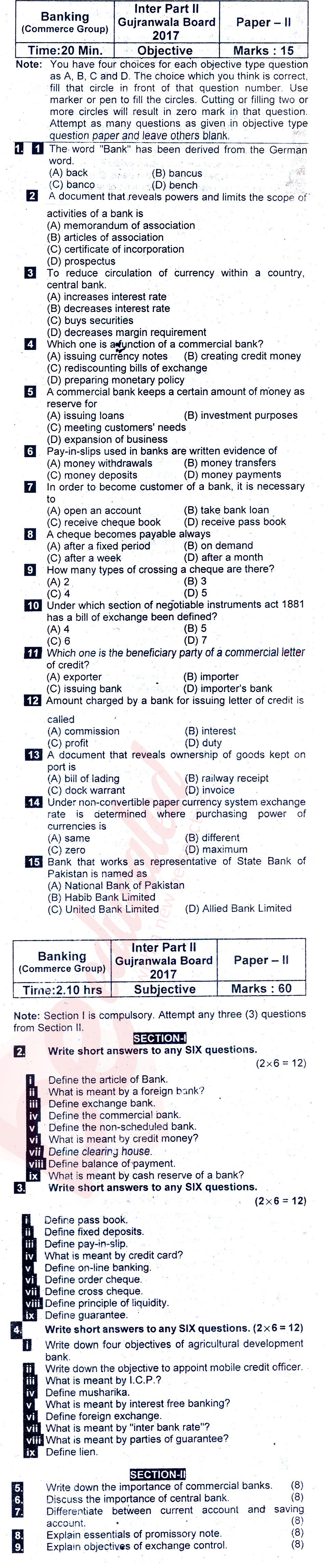 Principles of Banking ICOM Part 2 Past Paper Group 1 BISE Gujranwala 2017