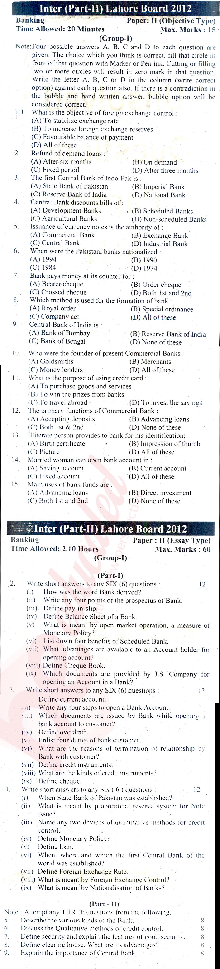 Principles of Banking ICOM Part 2 Past Paper Group 1 BISE Lahore 2012
