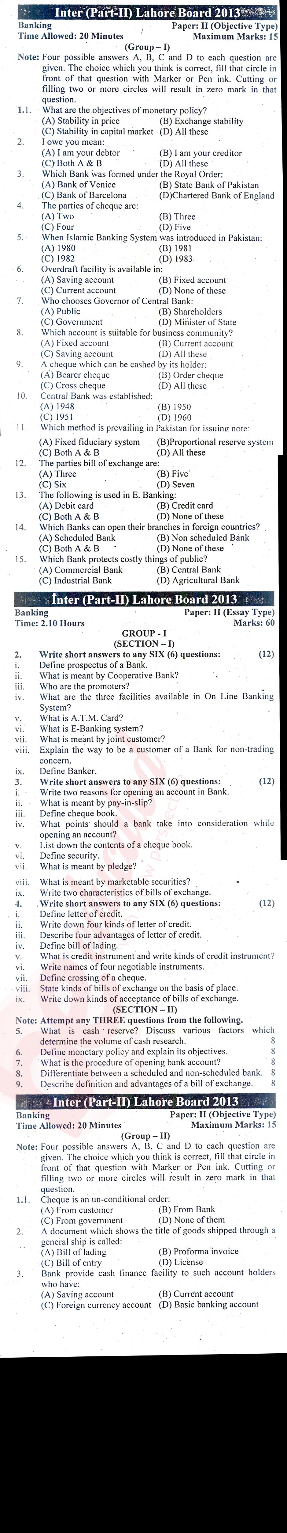 Principles of Banking ICOM Part 2 Past Paper Group 1 BISE Lahore 2013