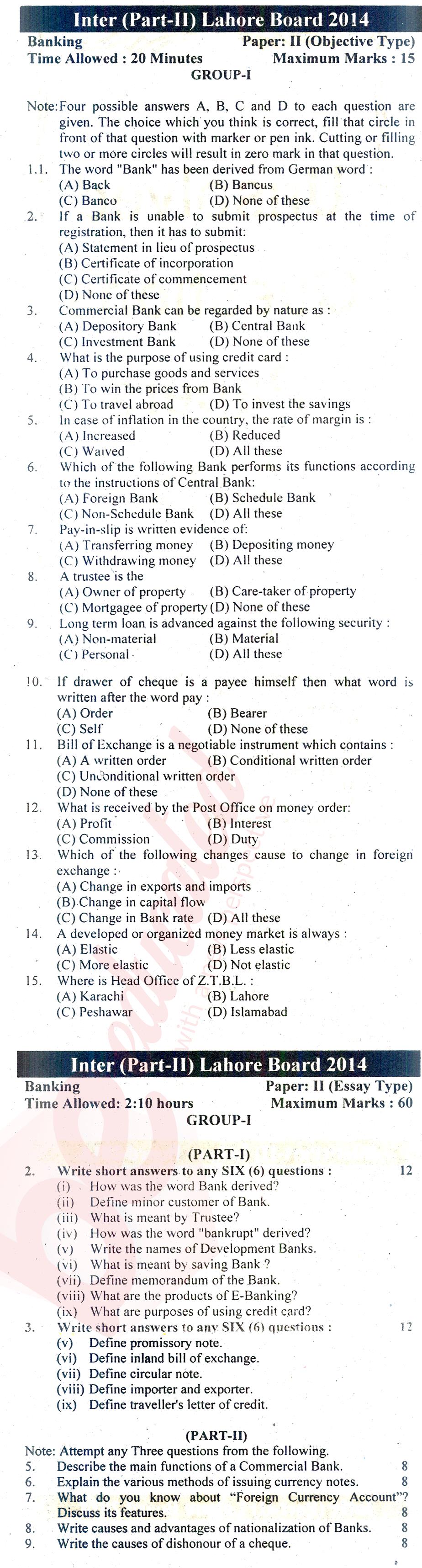 Principles of Banking ICOM Part 2 Past Paper Group 1 BISE Lahore 2014