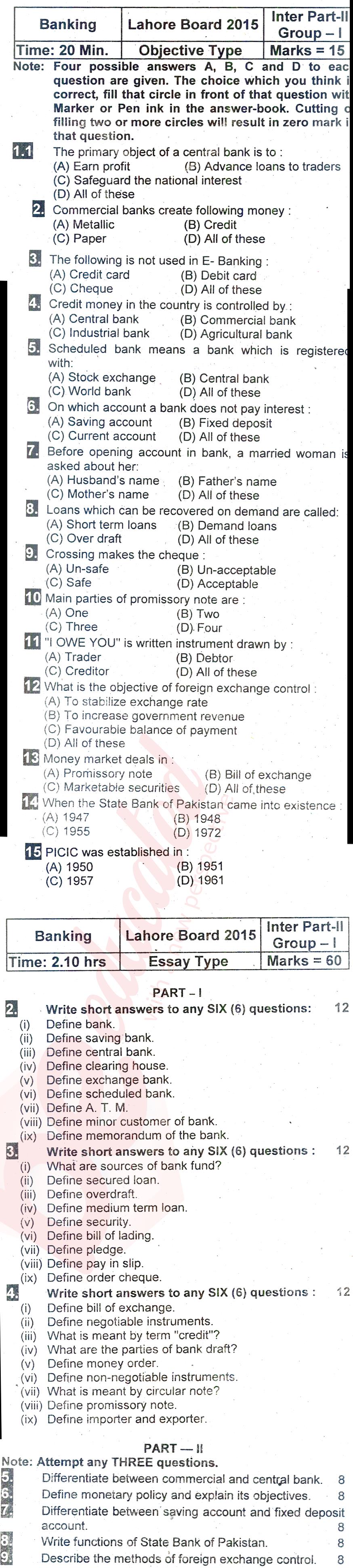 Principles of Banking ICOM Part 2 Past Paper Group 1 BISE Lahore 2015