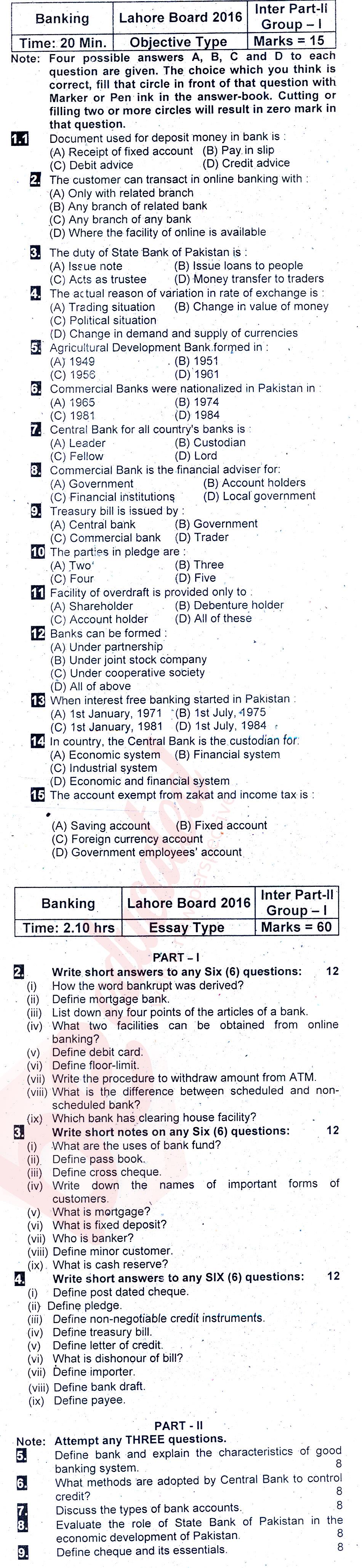 Principles of Banking ICOM Part 2 Past Paper Group 1 BISE Lahore 2016