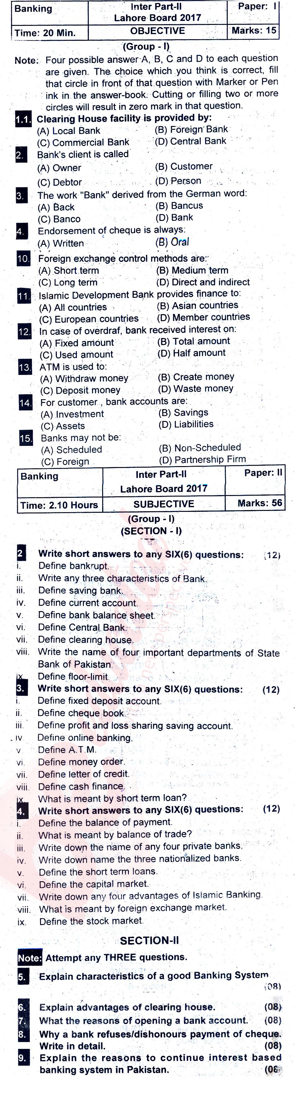 Principles of Banking ICOM Part 2 Past Paper Group 1 BISE Lahore 2017