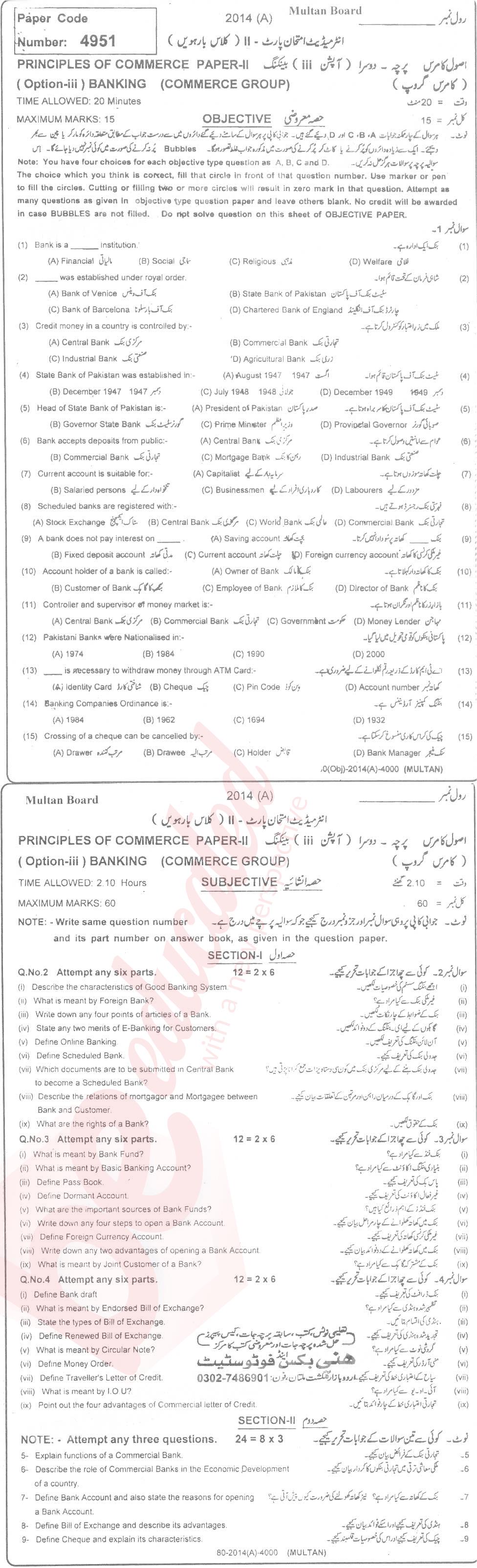 Principles of Banking ICOM Part 2 Past Paper Group 1 BISE Multan 2014