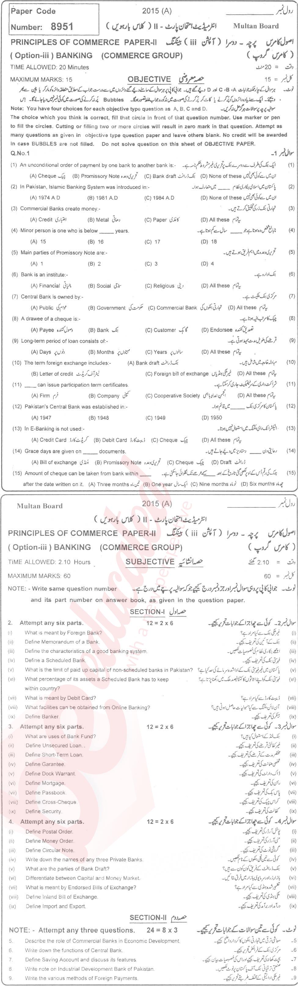 Principles of Banking ICOM Part 2 Past Paper Group 1 BISE Multan 2015