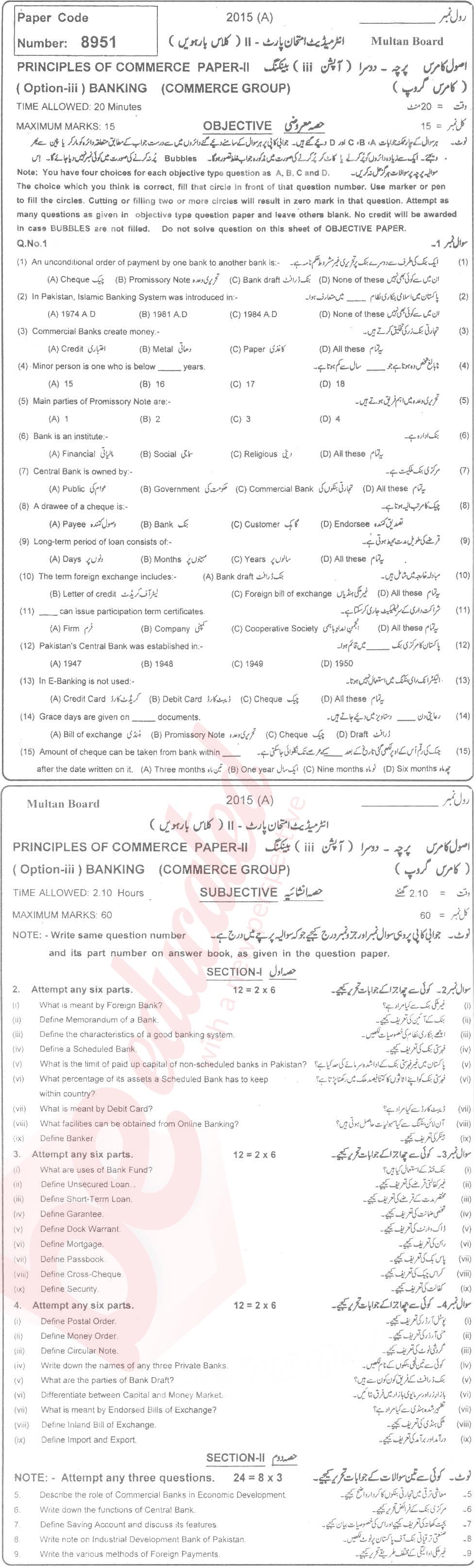 Principles of Banking ICOM Part 2 Past Paper Group 1 BISE Multan 2015