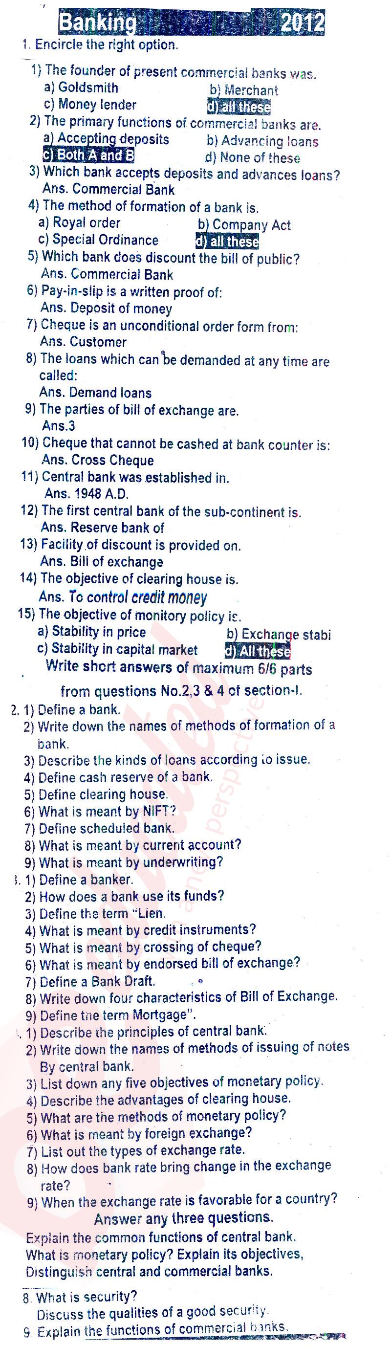 Principles of Banking ICOM Part 2 Past Paper Group 1 BISE Rawalpindi 2012