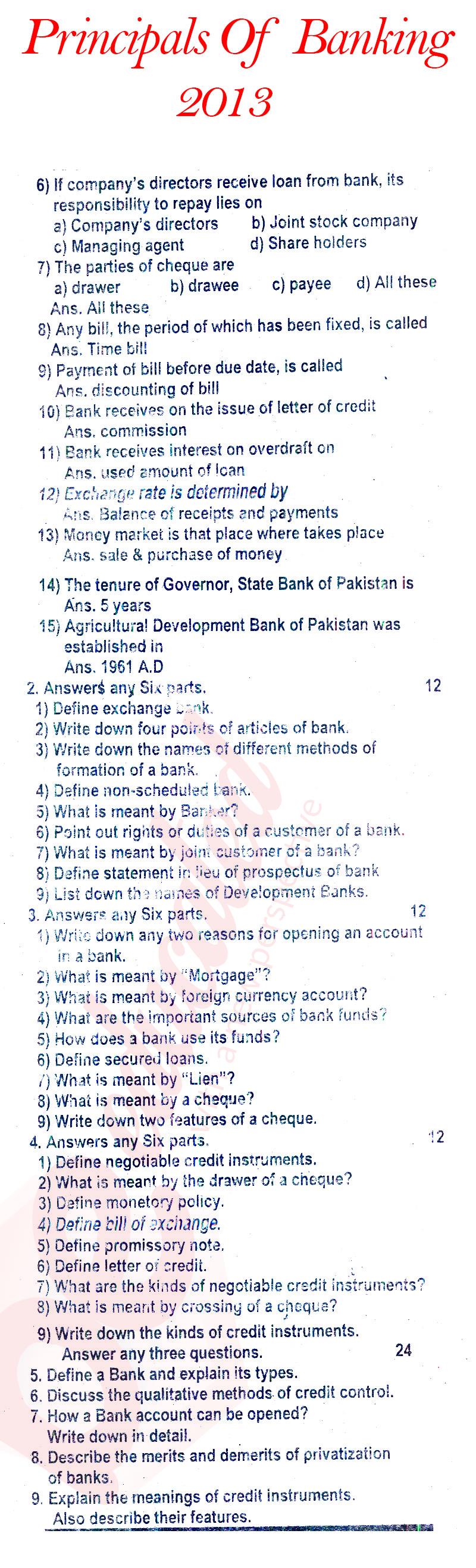Principles of Banking ICOM Part 2 Past Paper Group 1 BISE Rawalpindi 2013