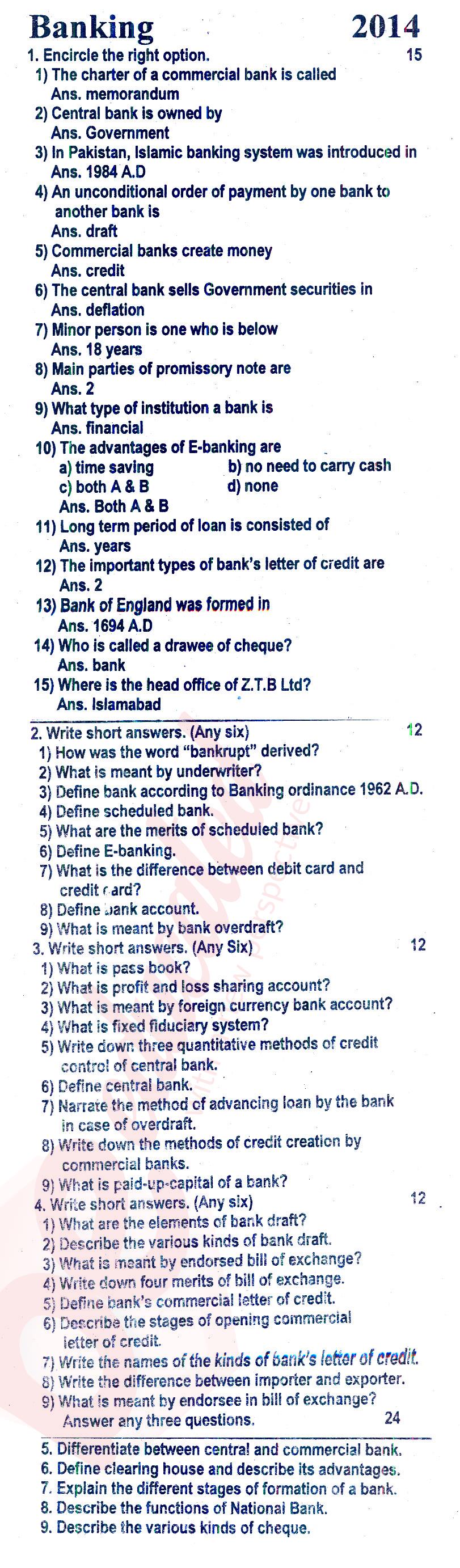 Principles of Banking ICOM Part 2 Past Paper Group 1 BISE Rawalpindi 2014