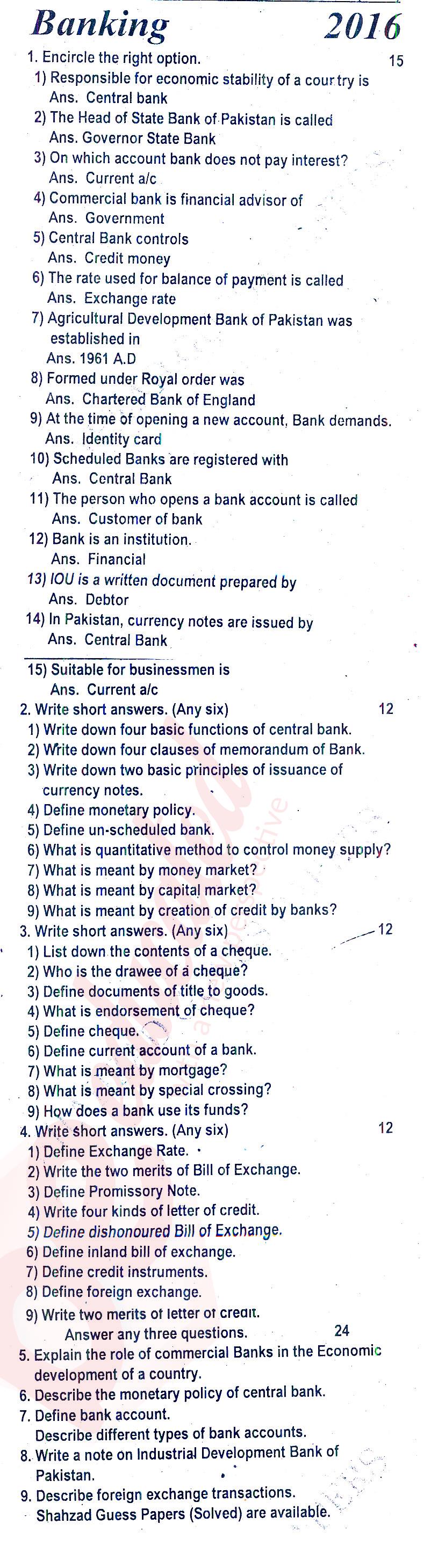 Principles of Banking ICOM Part 2 Past Paper Group 1 BISE Rawalpindi 2016