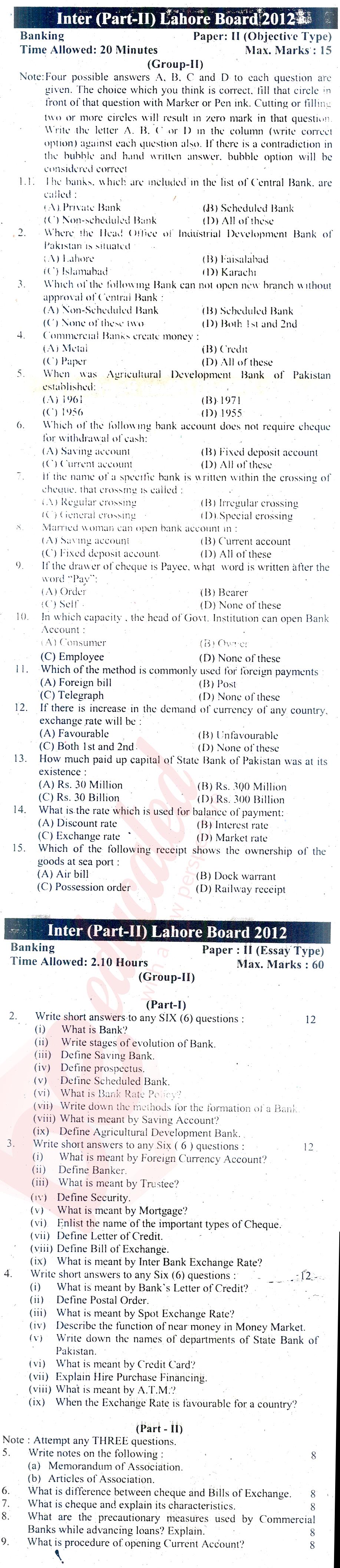 Principles of Banking ICOM Part 2 Past Paper Group 2 BISE Lahore 2012