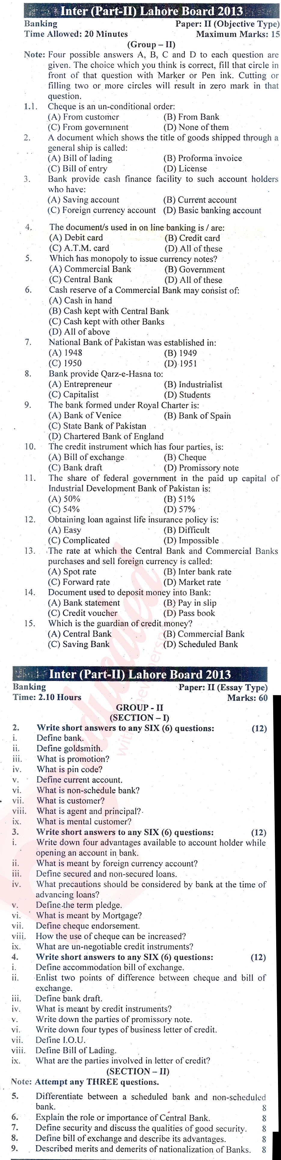 Principles of Banking ICOM Part 2 Past Paper Group 2 BISE Lahore 2013
