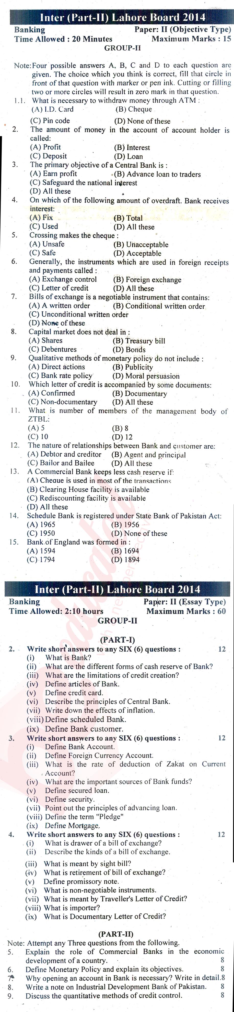 Principles of Banking ICOM Part 2 Past Paper Group 2 BISE Lahore 2014