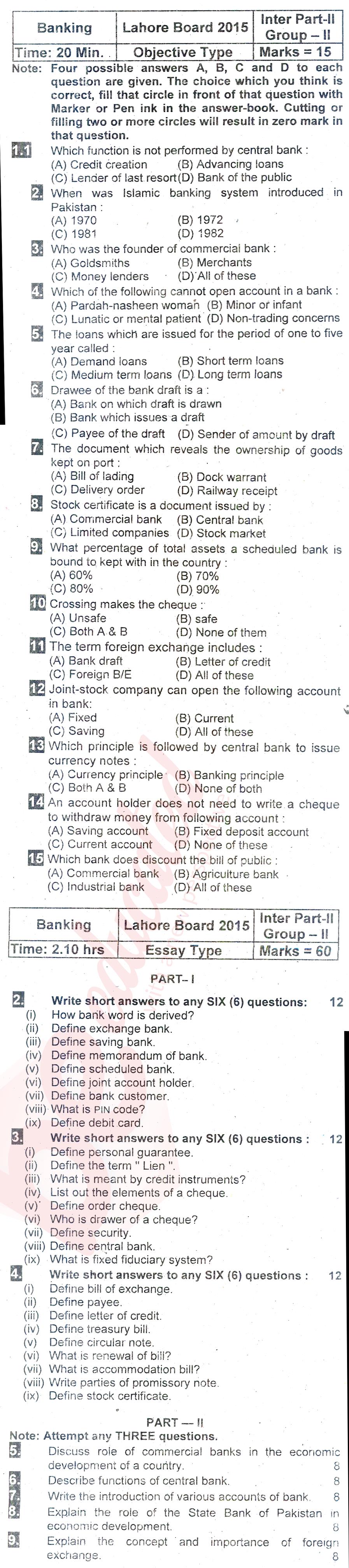Principles of Banking ICOM Part 2 Past Paper Group 2 BISE Lahore 2015