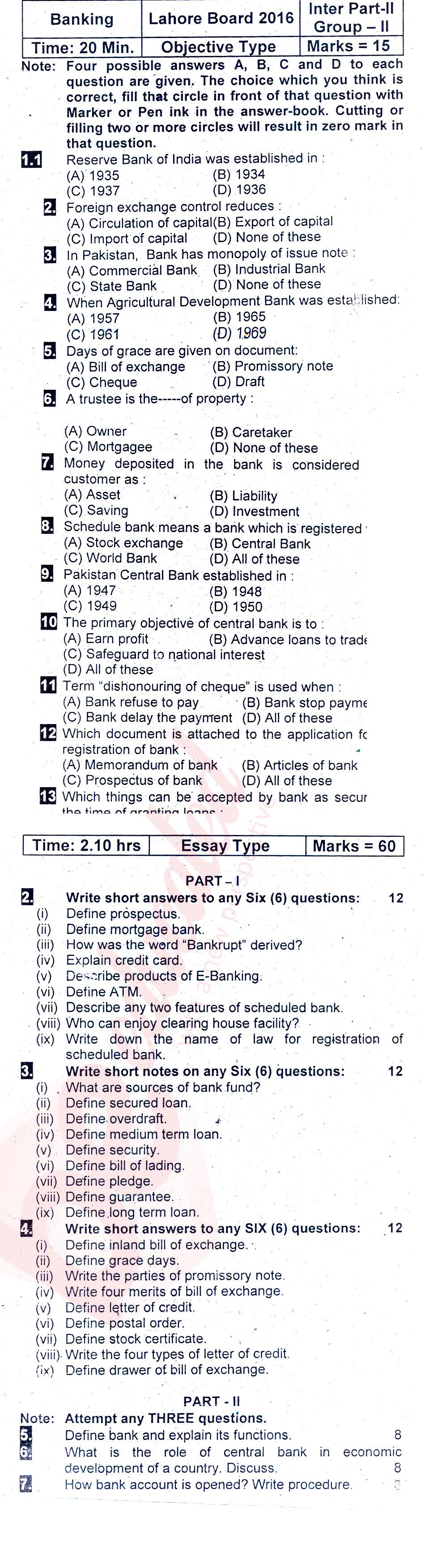 Principles of Banking ICOM Part 2 Past Paper Group 2 BISE Lahore 2016