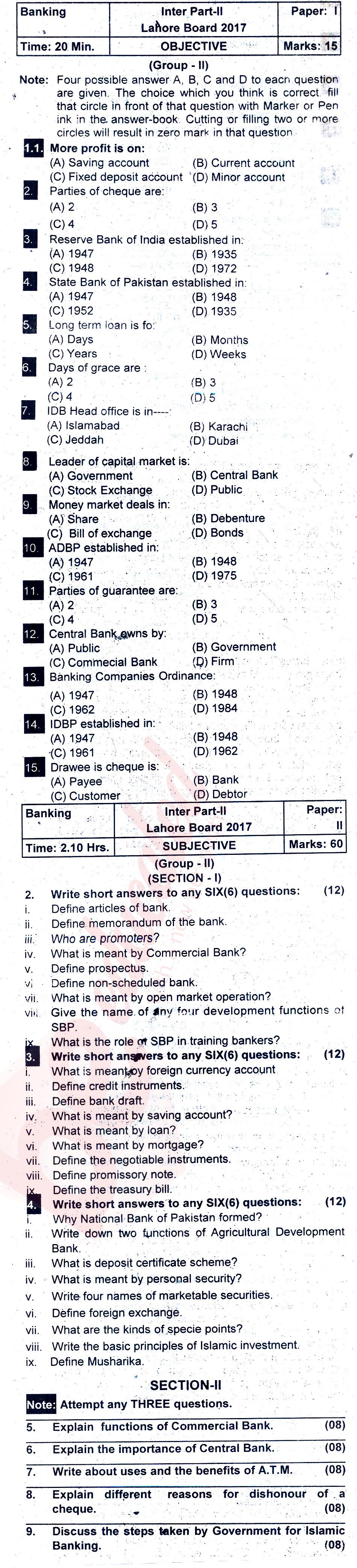 Principles of Banking ICOM Part 2 Past Paper Group 2 BISE Lahore 2017