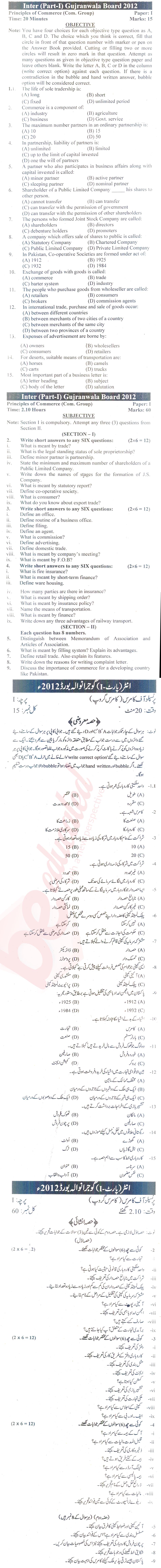 Principles of Commerce ICOM Part 1 Past Paper Group 1 BISE Gujranwala 2012