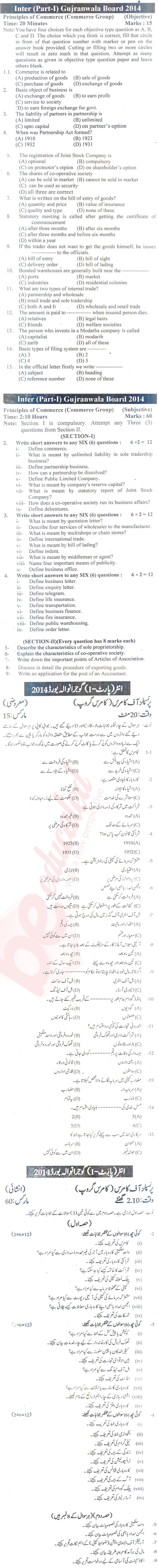 Principles of Commerce ICOM Part 1 Past Paper Group 1 BISE Gujranwala 2014