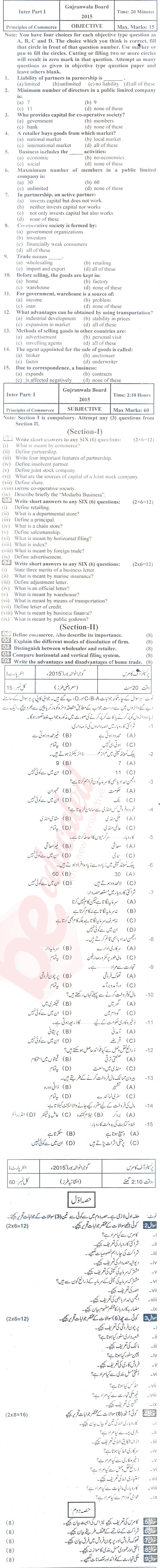 Principles of Commerce ICOM Part 1 Past Paper Group 1 BISE Gujranwala 2015