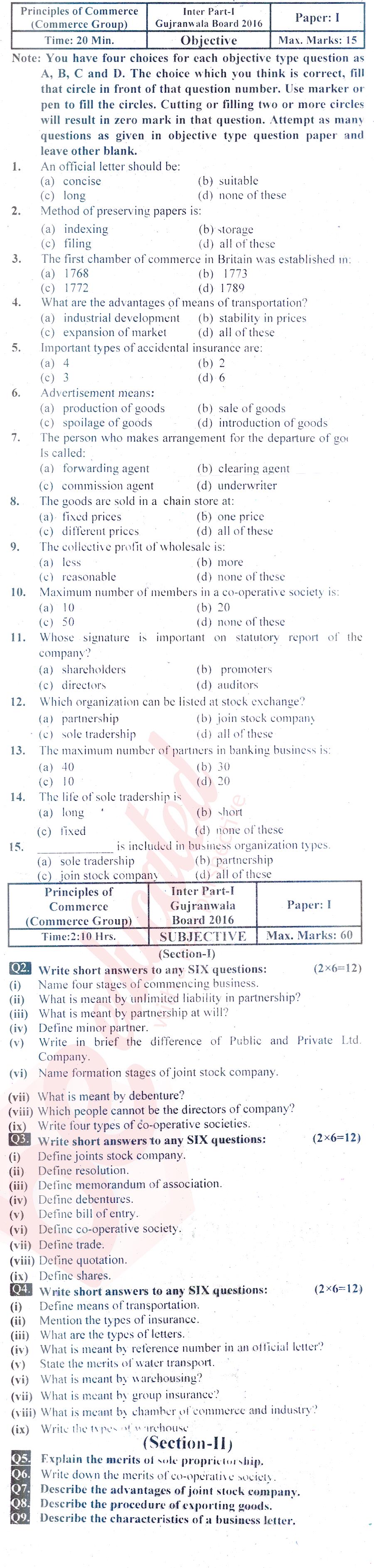 Principles of Commerce ICOM Part 1 Past Paper Group 1 BISE Gujranwala 2016