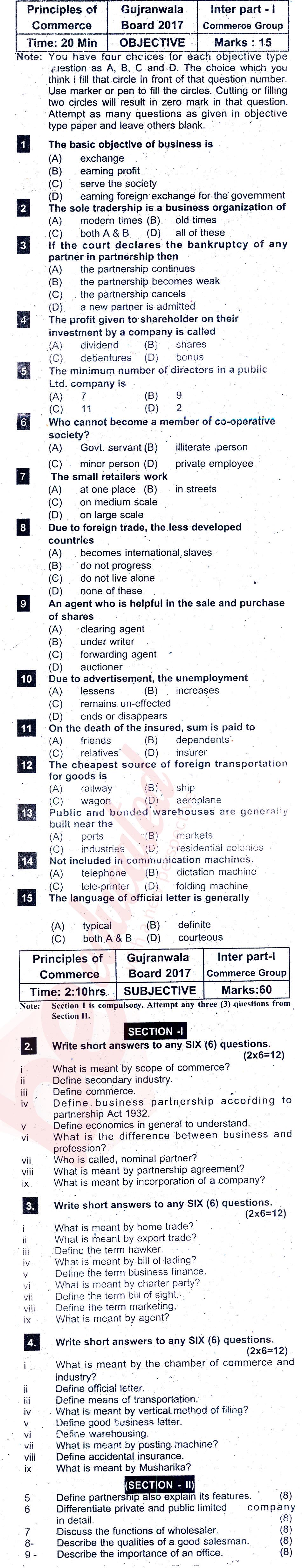 Principles of Commerce ICOM Part 1 Past Paper Group 1 BISE Gujranwala 2017