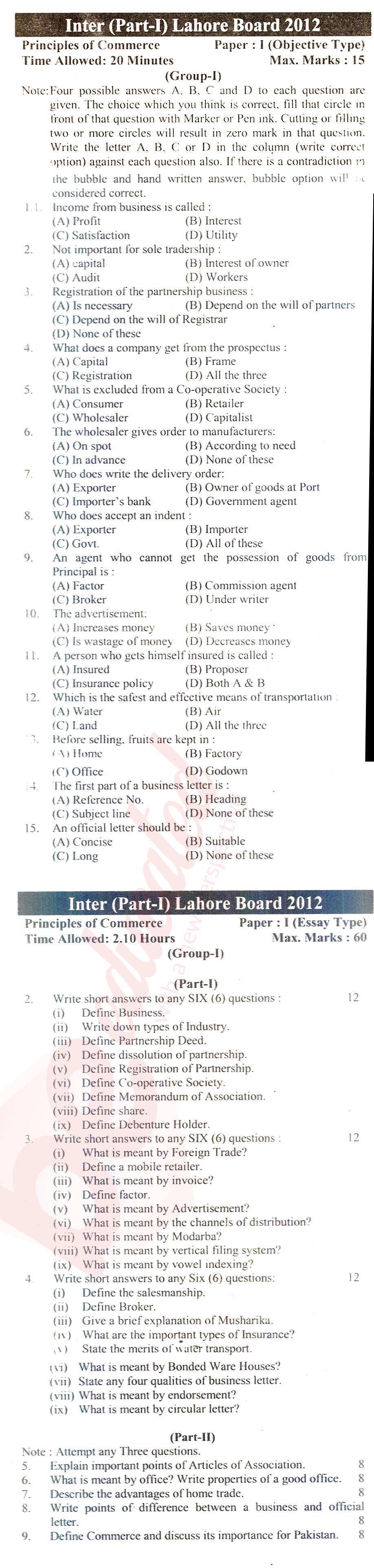 Principles of Commerce ICOM Part 1 Past Paper Group 1 BISE Lahore 2012