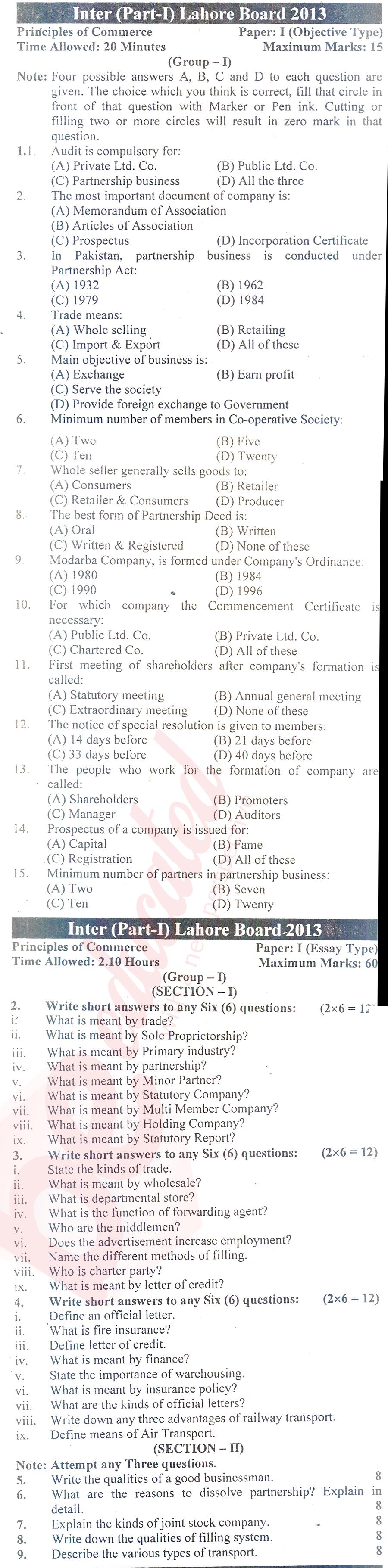 Principles of Commerce ICOM Part 1 Past Paper Group 1 BISE Lahore 2013