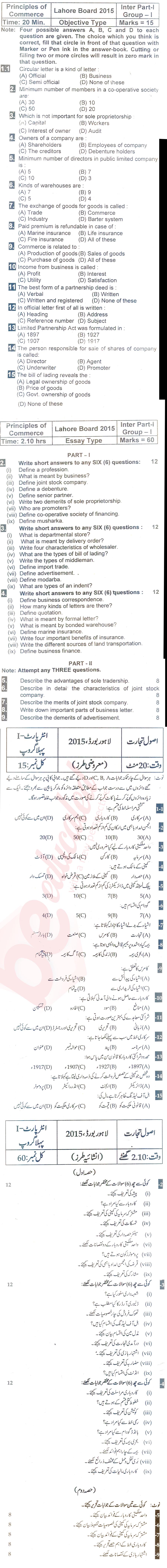 Principles of Commerce ICOM Part 1 Past Paper Group 1 BISE Lahore 2015