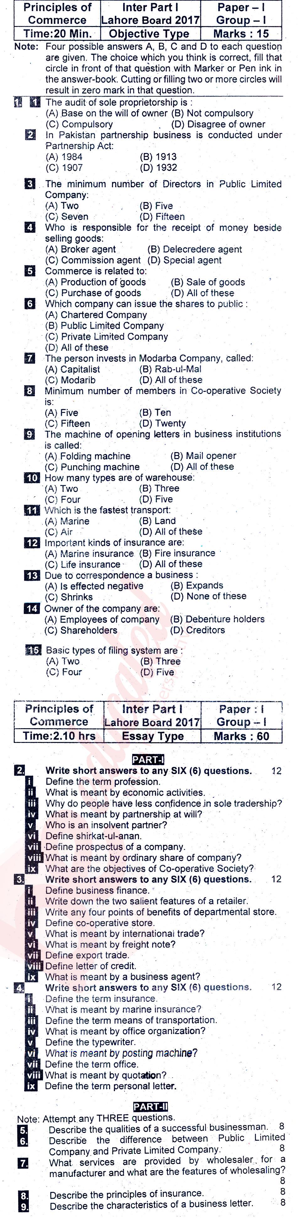 Principles of Commerce ICOM Part 1 Past Paper Group 1 BISE Lahore 2017