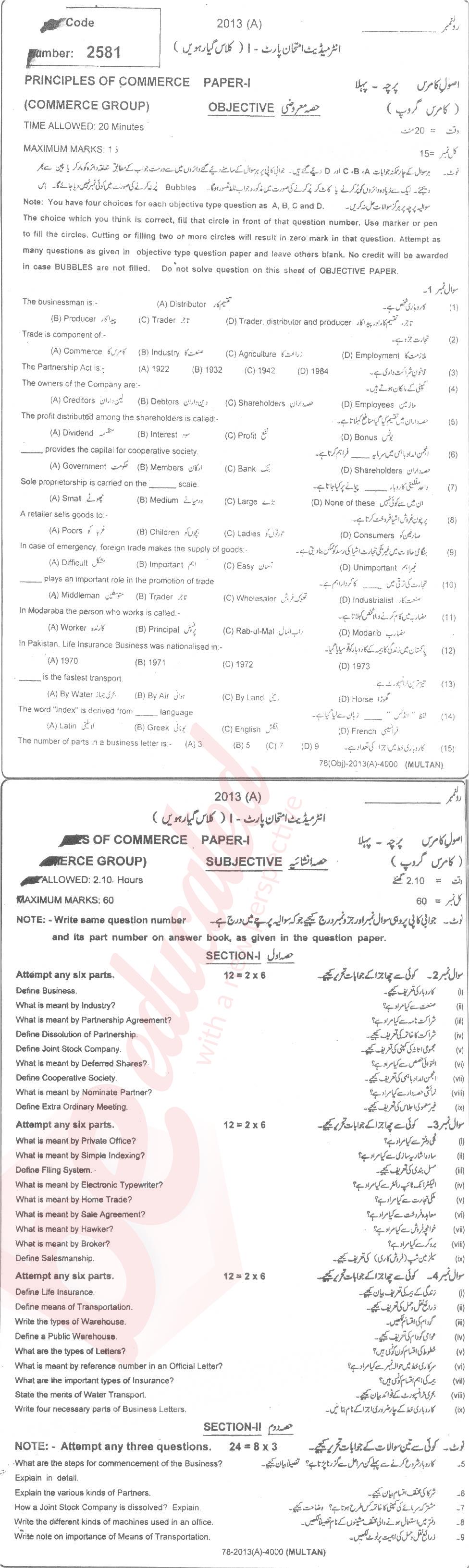 Principles of Commerce ICOM Part 1 Past Paper Group 1 BISE Multan 2013