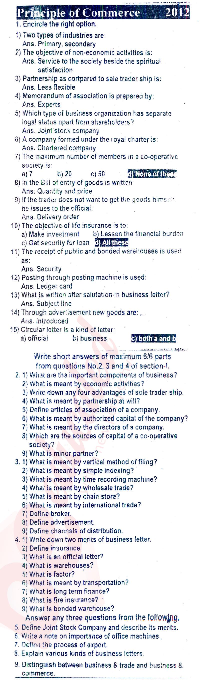 Principles of Commerce ICOM Part 1 Past Paper Group 1 BISE Rawalpindi 2012