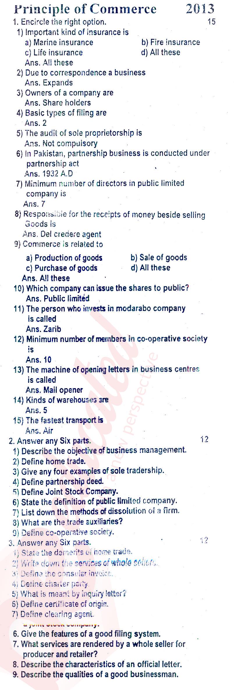 Principles of Commerce ICOM Part 1 Past Paper Group 1 BISE Rawalpindi 2013