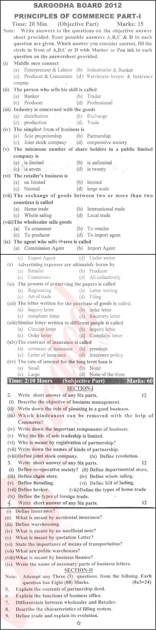 Principles of Commerce ICOM Part 1 Past Paper Group 1 BISE Sargodha 2012