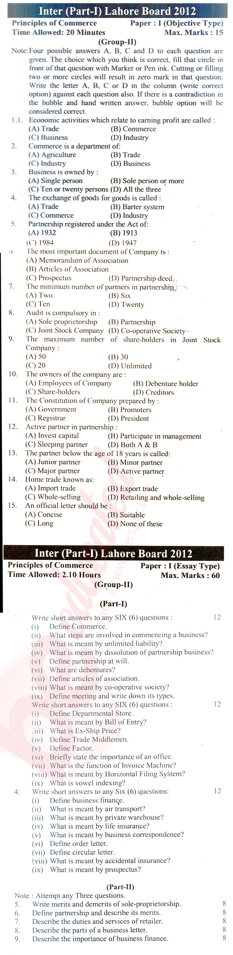 Principles of Commerce ICOM Part 1 Past Paper Group 2 BISE Lahore 2012