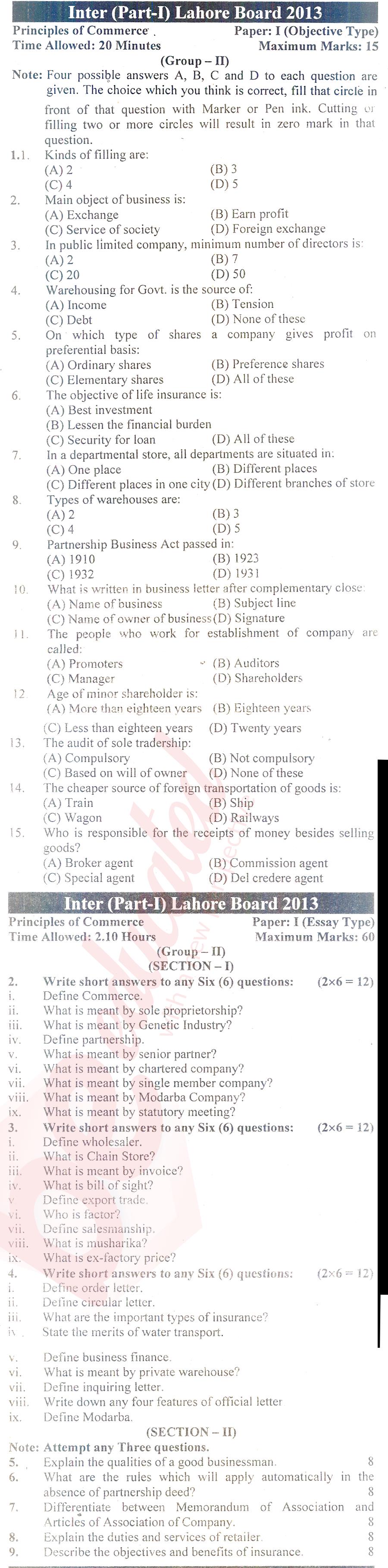 Principles of Commerce ICOM Part 1 Past Paper Group 2 BISE Lahore 2013