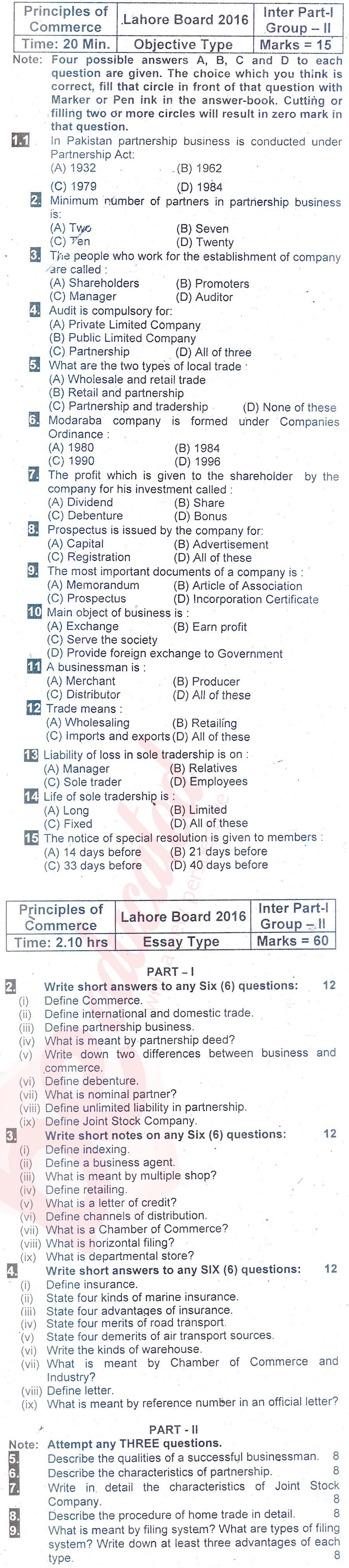 Principles of Commerce ICOM Part 1 Past Paper Group 2 BISE Lahore 2016
