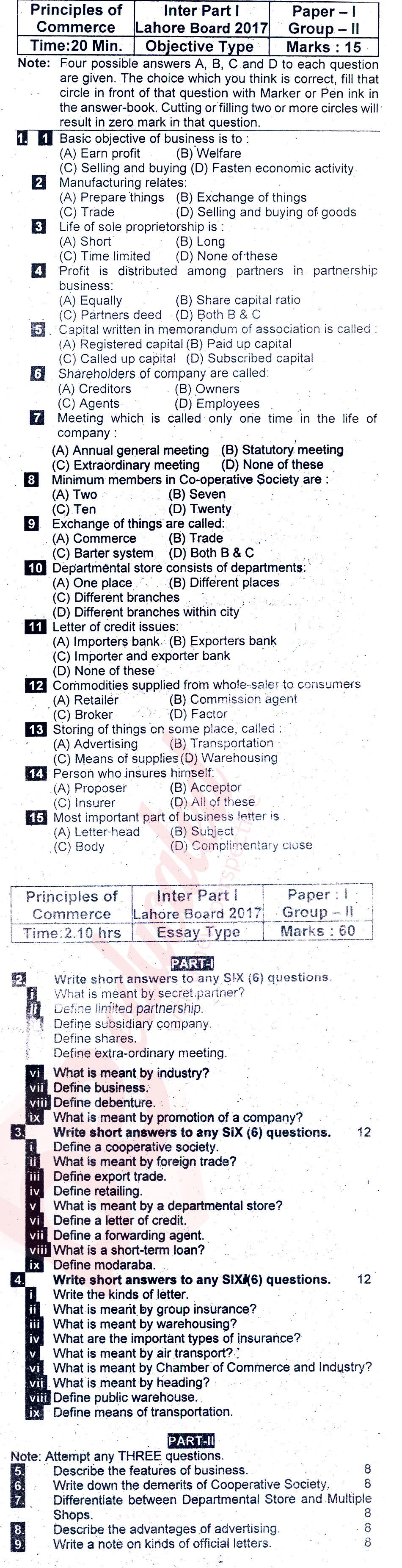 Principles of Commerce ICOM Part 1 Past Paper Group 2 BISE Lahore 2017