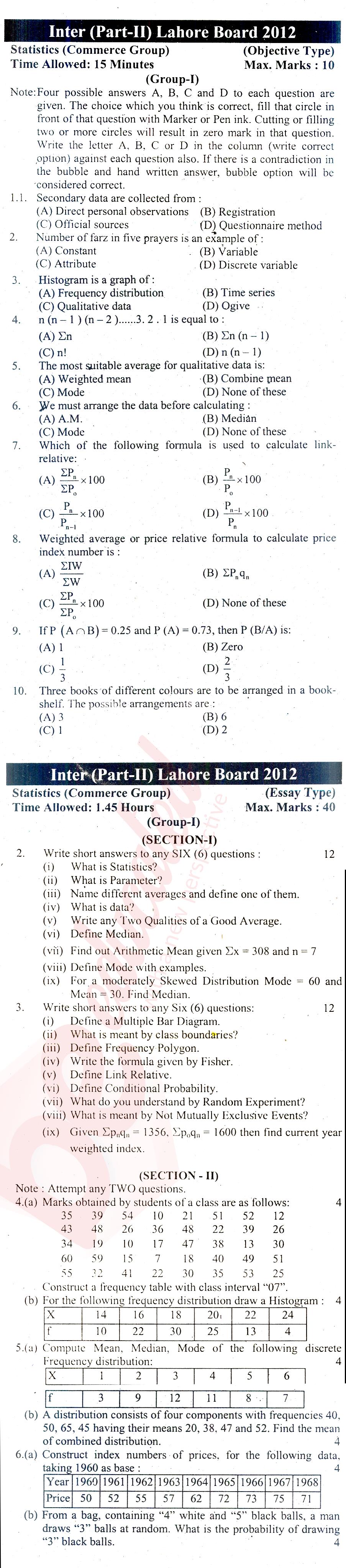 Principles of Commerce ICOM Part 2 Past Paper Group 1 BISE Lahore 2012