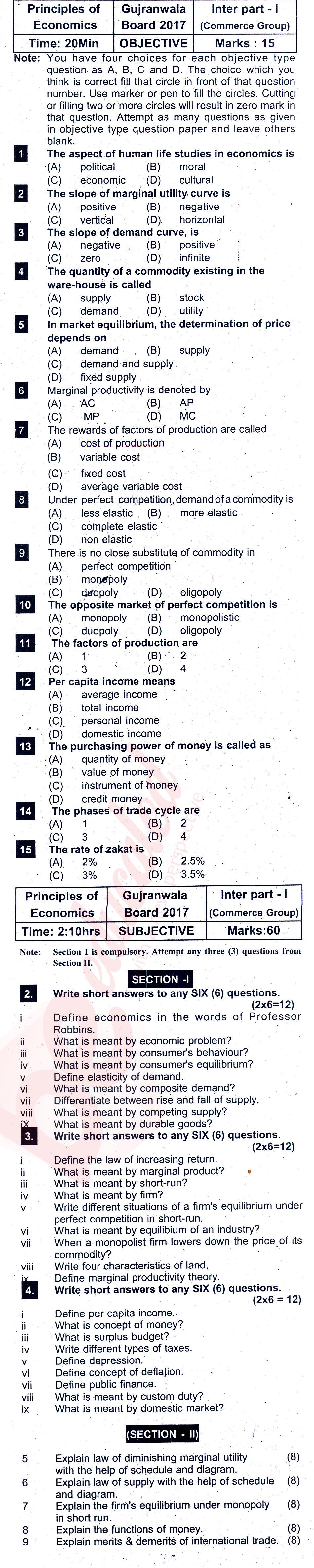 Principles of Economics ICOM Part 1 Past Paper Group 1 BISE Gujranwala 2017