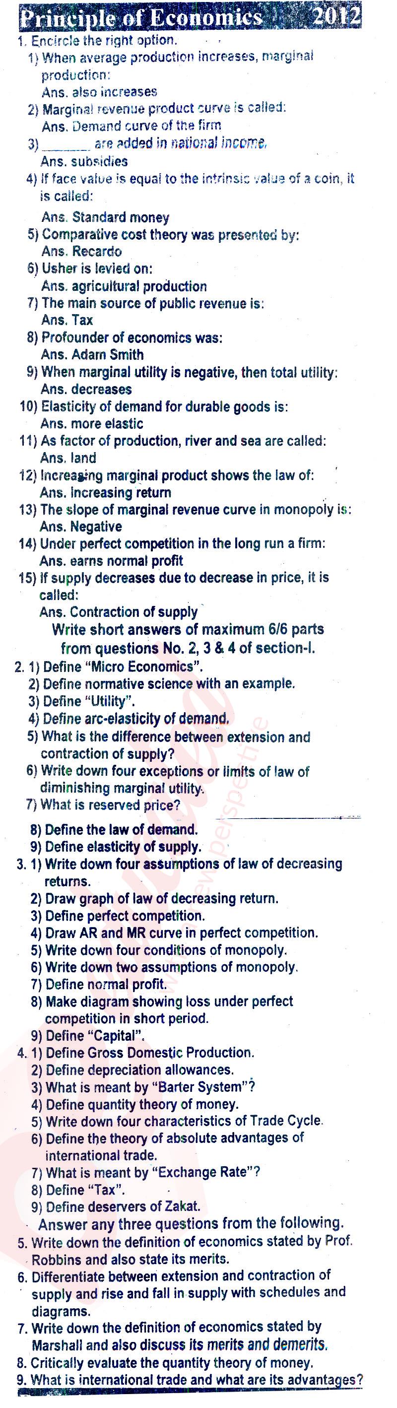 Principles of Economics ICOM Part 1 Past Paper Group 1 BISE Rawalpindi 2012