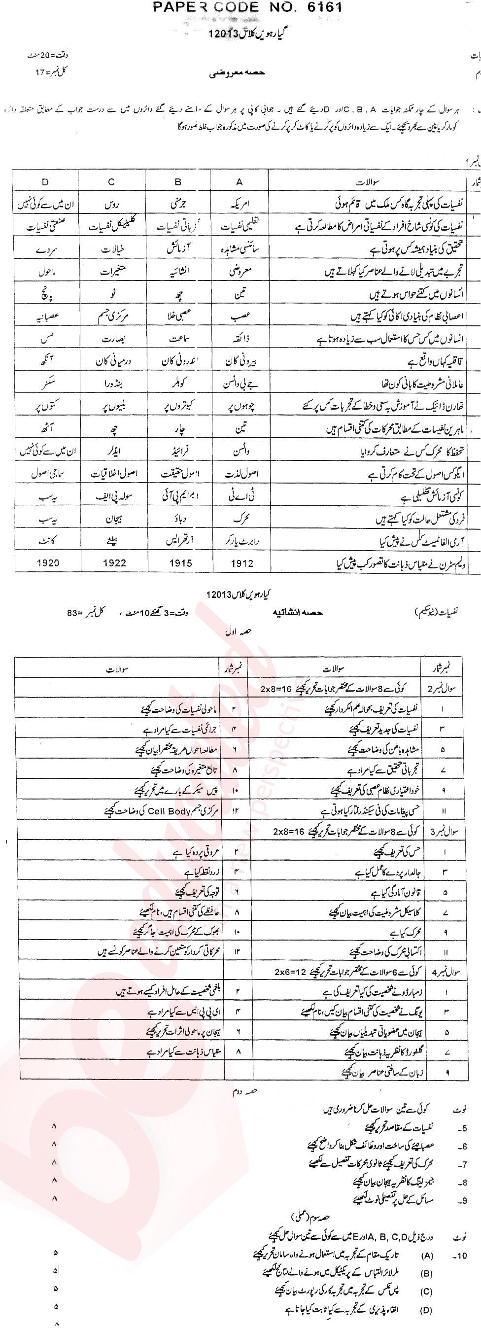 Psychology FA Part 1 Past Paper Group 1 BISE DG Khan 2013