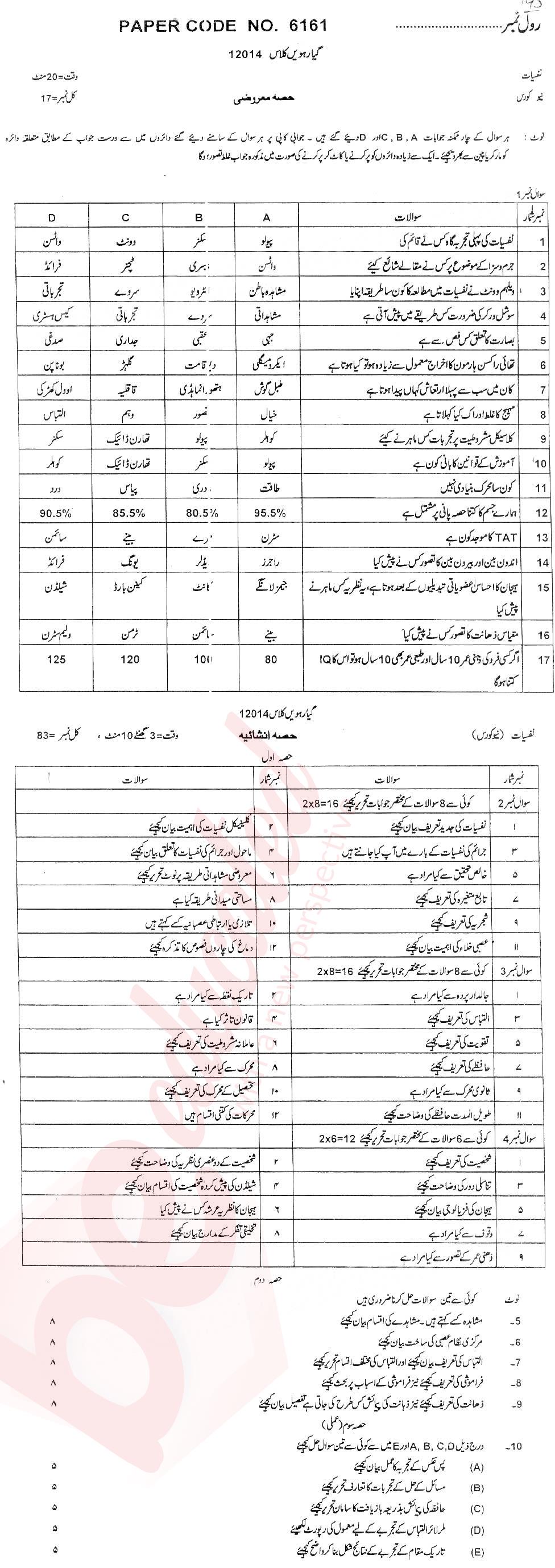 Psychology FA Part 1 Past Paper Group 1 BISE DG Khan 2014