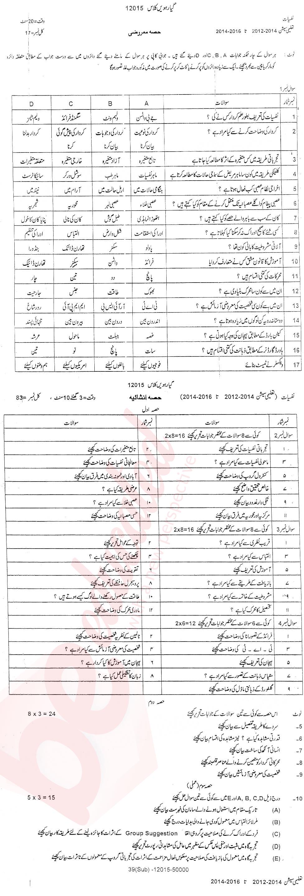 Psychology FA Part 1 Past Paper Group 1 BISE DG Khan 2015