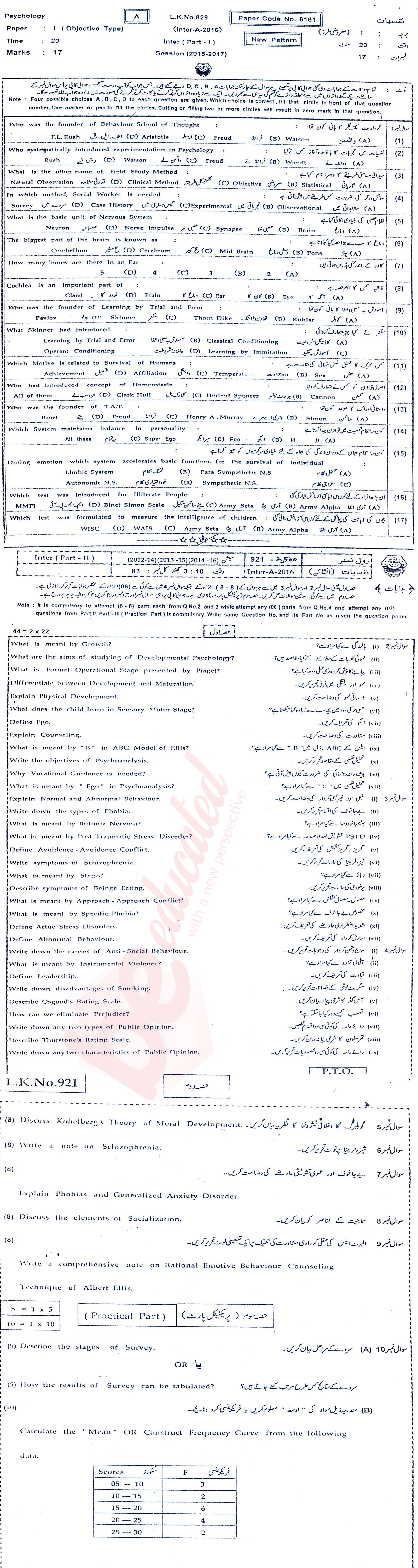 Psychology FA Part 2 Past Paper Group 1 BISE Bahawalpur 2016