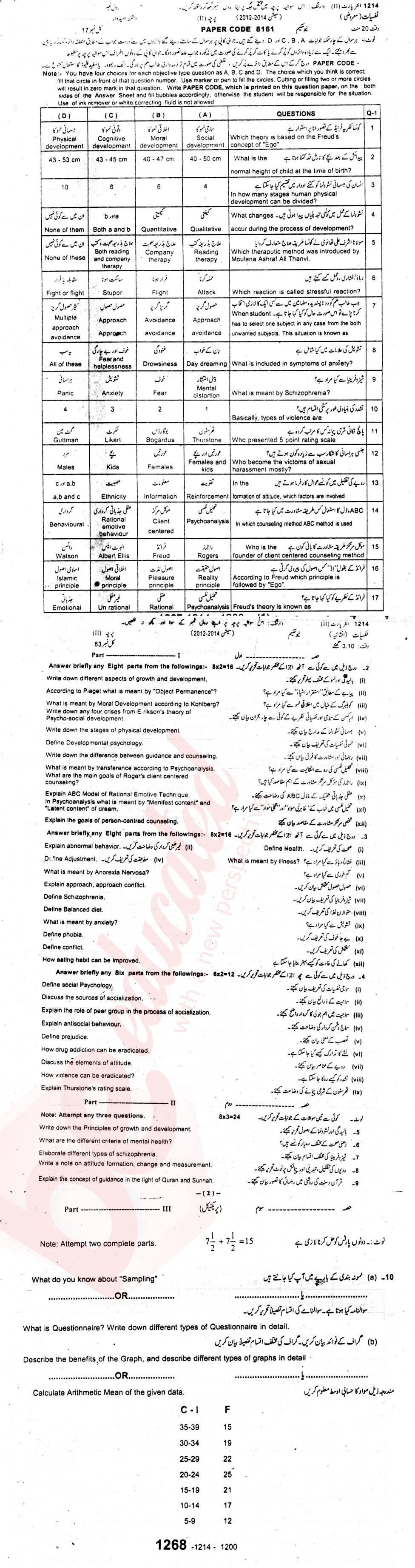 Psychology FA Part 2 Past Paper Group 1 BISE Sargodha 2014