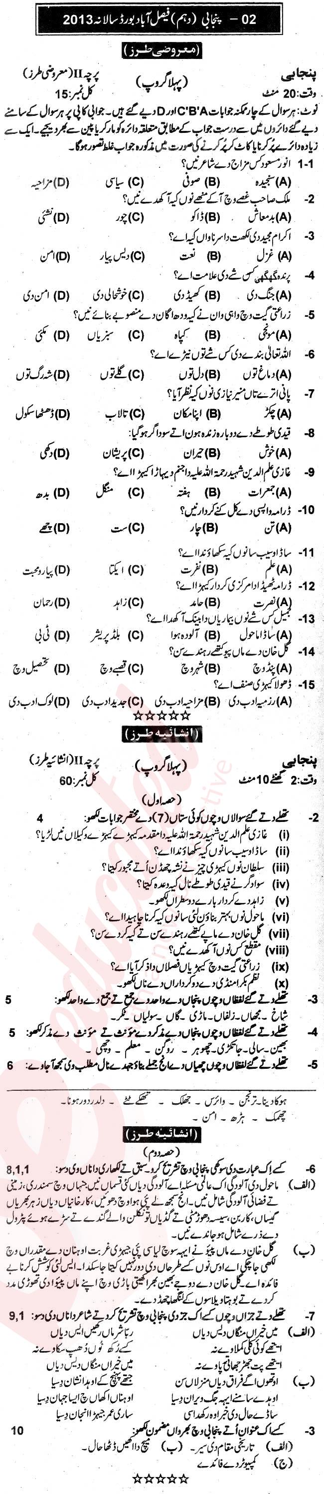 Punjabi 10th Urdu Medium Past Paper Group 1 BISE Faisalabad 2013