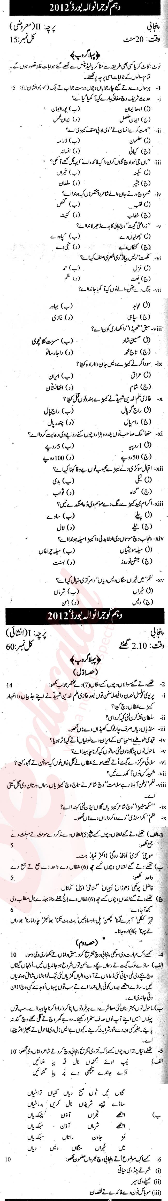 Punjabi 10th Urdu Medium Past Paper Group 1 BISE Gujranwala 2012