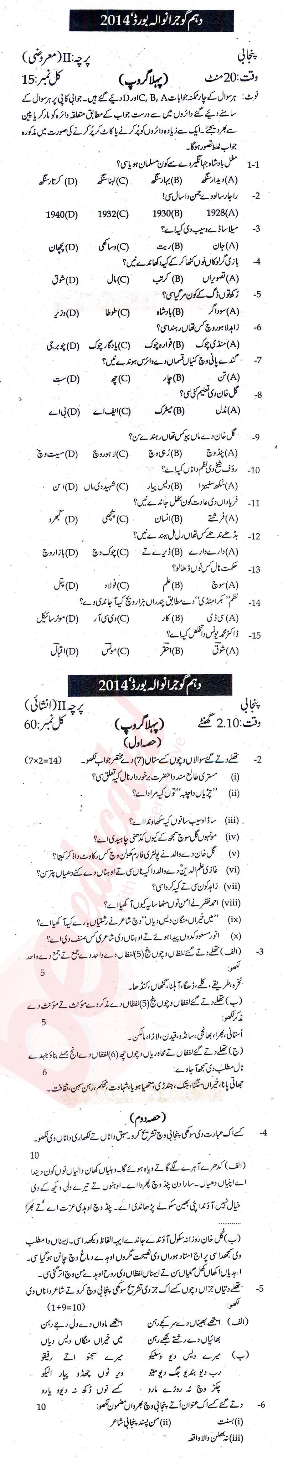 Punjabi 10th Urdu Medium Past Paper Group 1 BISE Gujranwala 2014