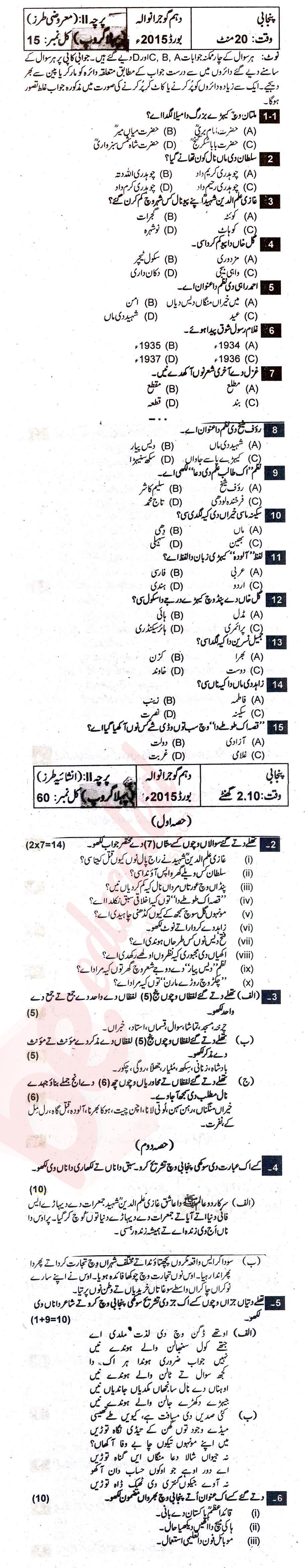 Punjabi 10th Urdu Medium Past Paper Group 1 BISE Gujranwala 2015