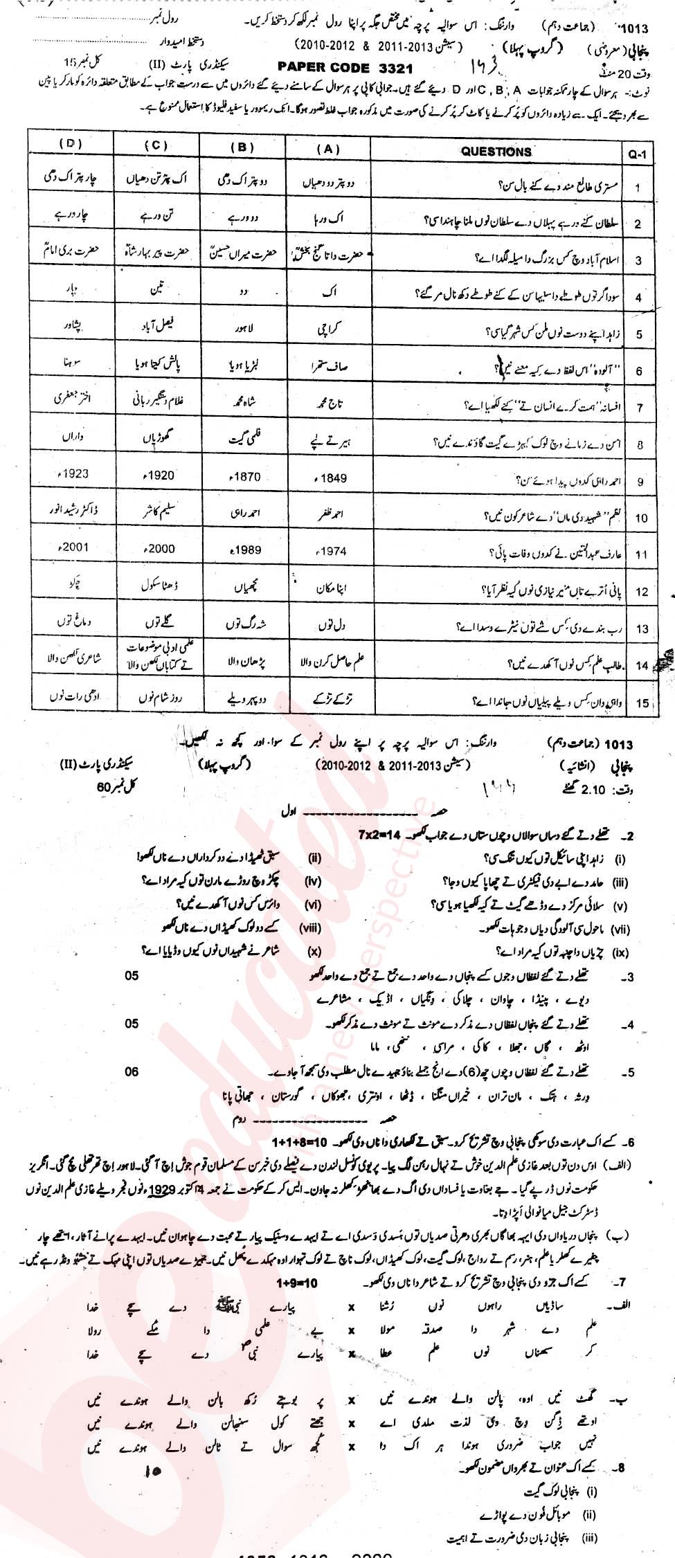 Punjabi 10th Urdu Medium Past Paper Group 1 BISE Sargodha 2013